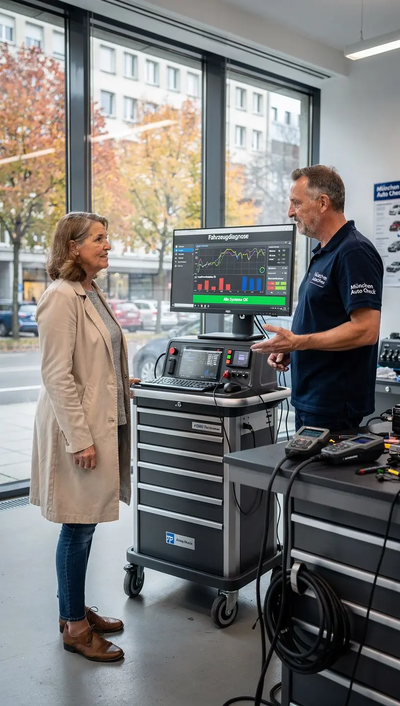 Techniker führt computergestützte Fahrzeugdiagnose in einem spezialisierten Prüfzentrum in Deutschland durch.